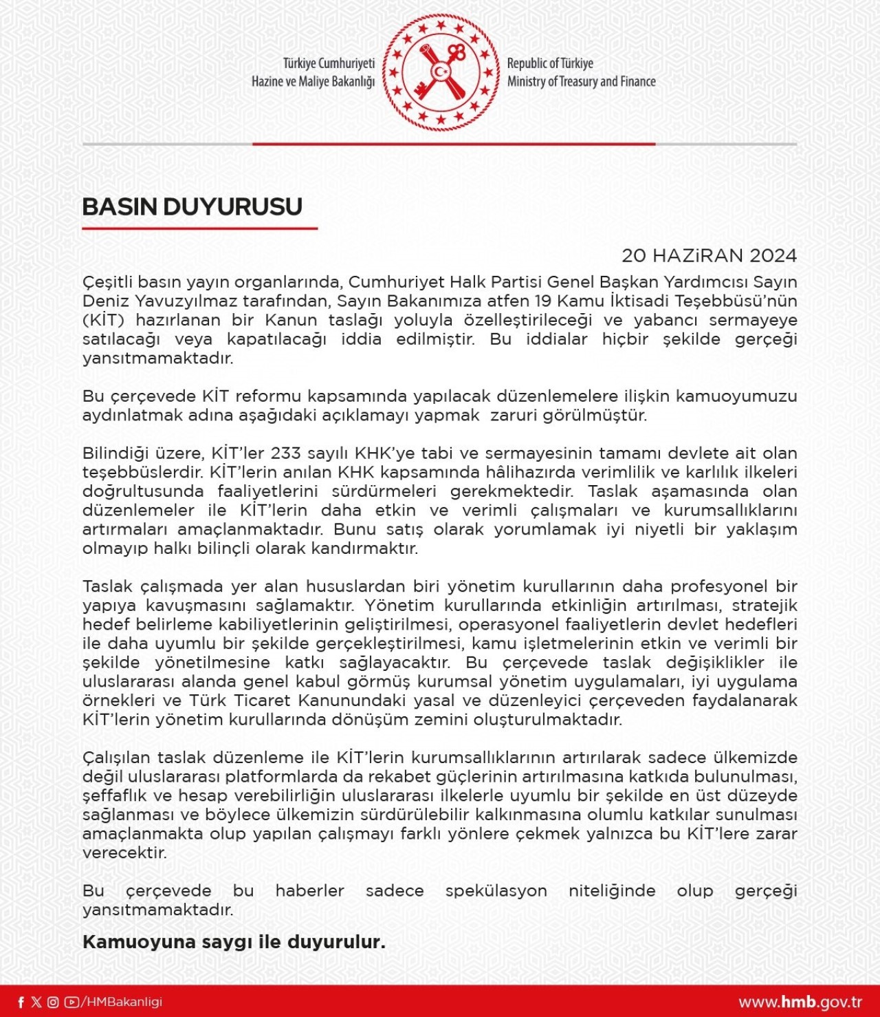 Hazine ve Maliye Bakanlığı,  KİT'lerin Özelleştirileceği İddialarını Yalanladı!