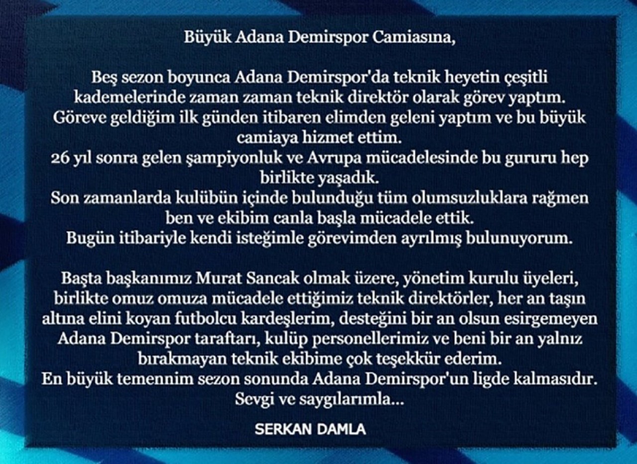 Adana Demirspor’da Serkan Damla Görevini Bıraktı