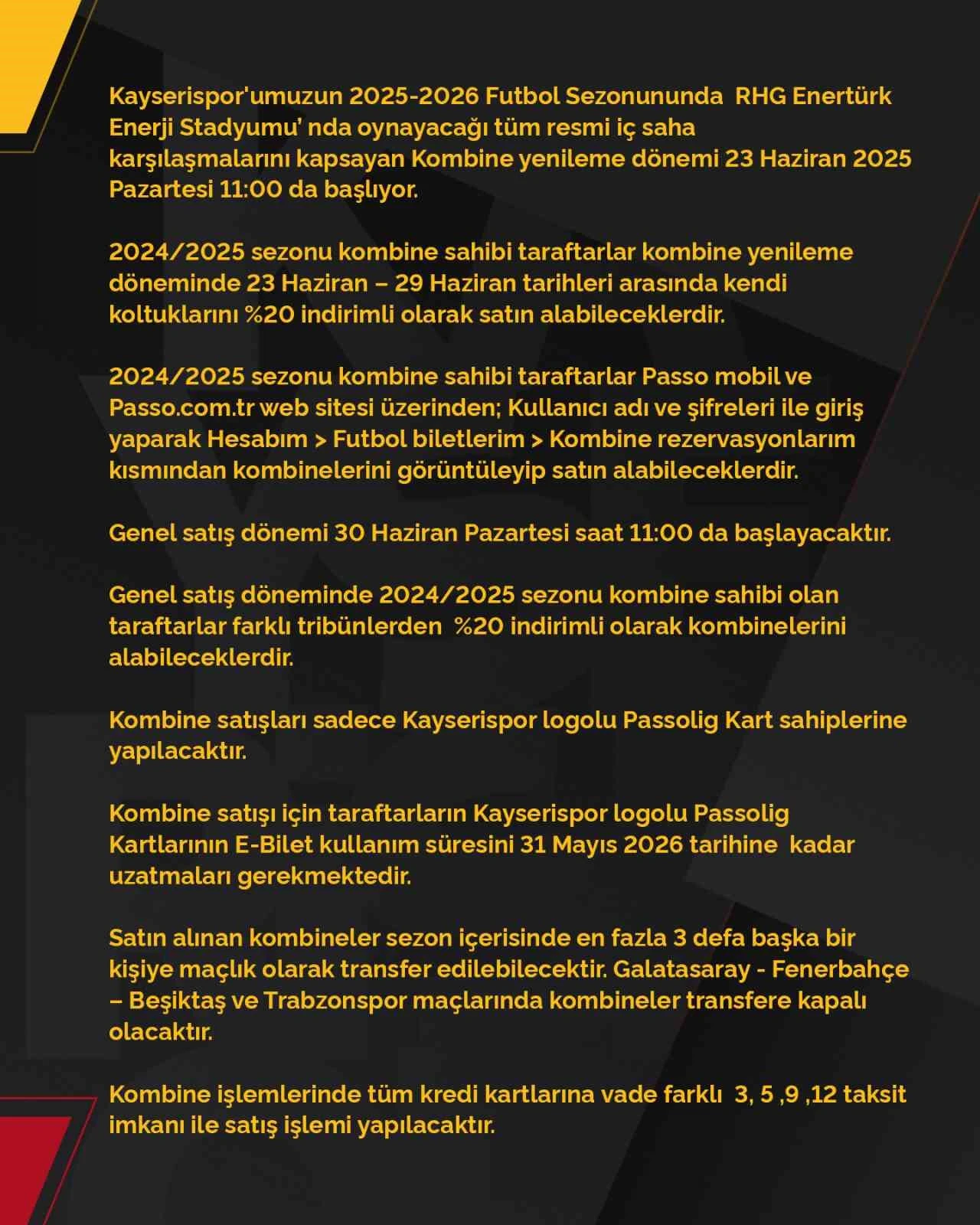 Kayserispor Kombine Fiyatlarını Açıkladı