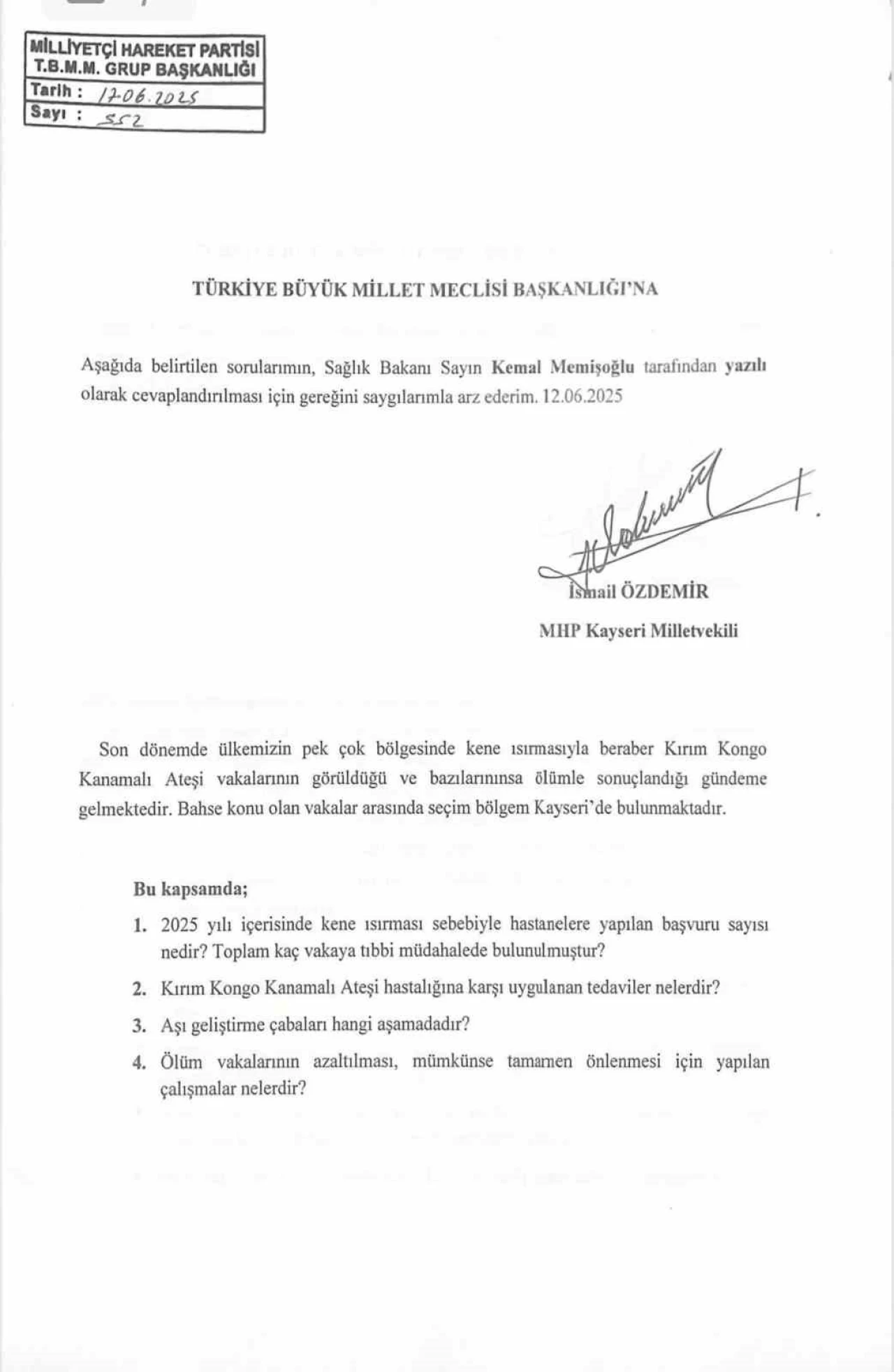 MHP’den Kene Isırması İçin Bakanlıklara Soru Önergesi