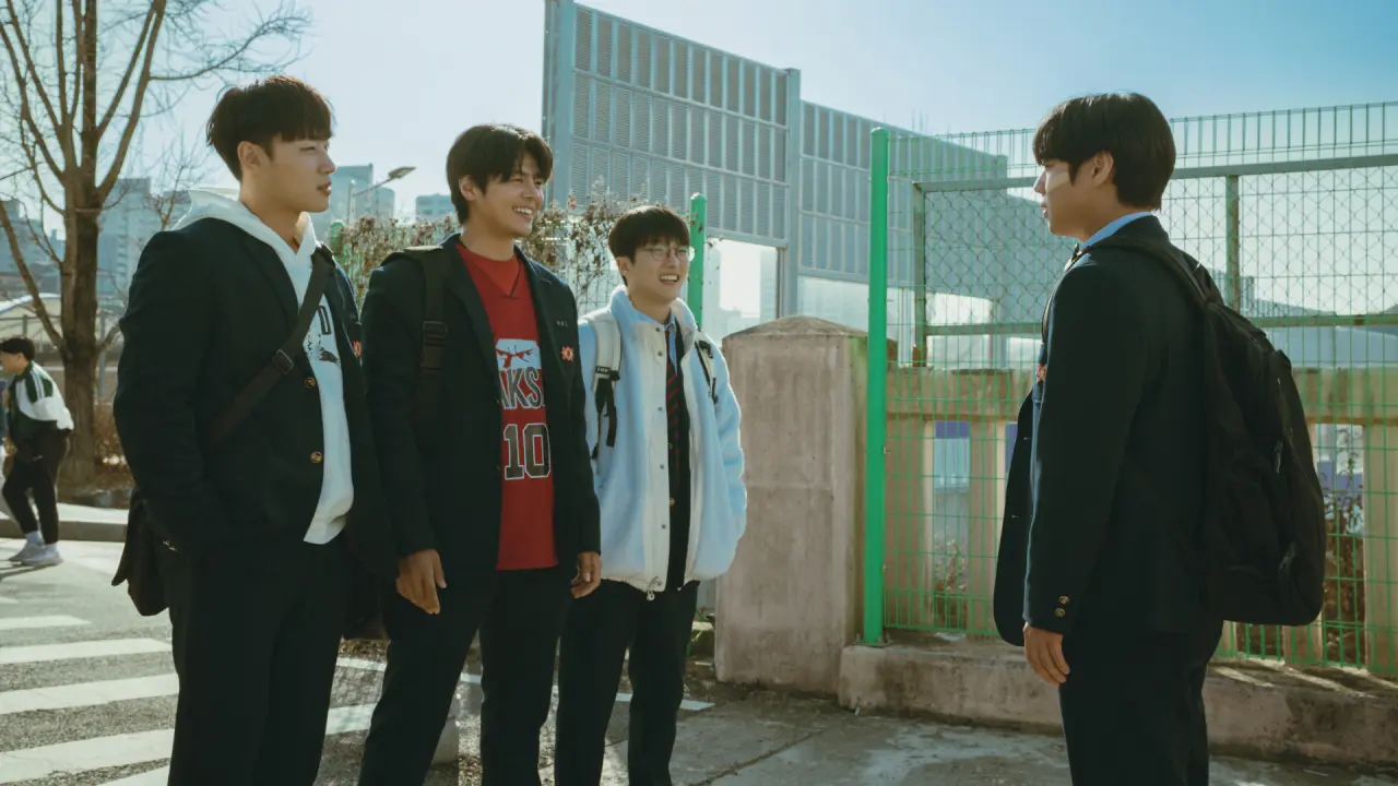 (L to R) Lee Min-jae as Go Hyuntak, Ryeo Un as Park Humin, Choi Min-yeong as Seo Juntae, Park Ji-hoon as Yeon Sieun in Weak Hero Class 2